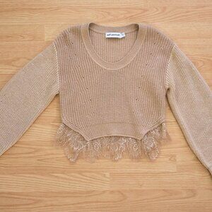 Self-Portrait Contrast Nude Lace Trimmed Cotton Wool Jumper, Size M